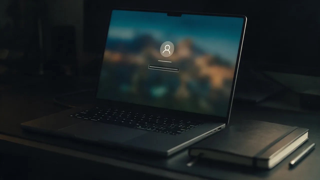 A laptop login screen with a long masked password, a closed notebook and a pen beside it