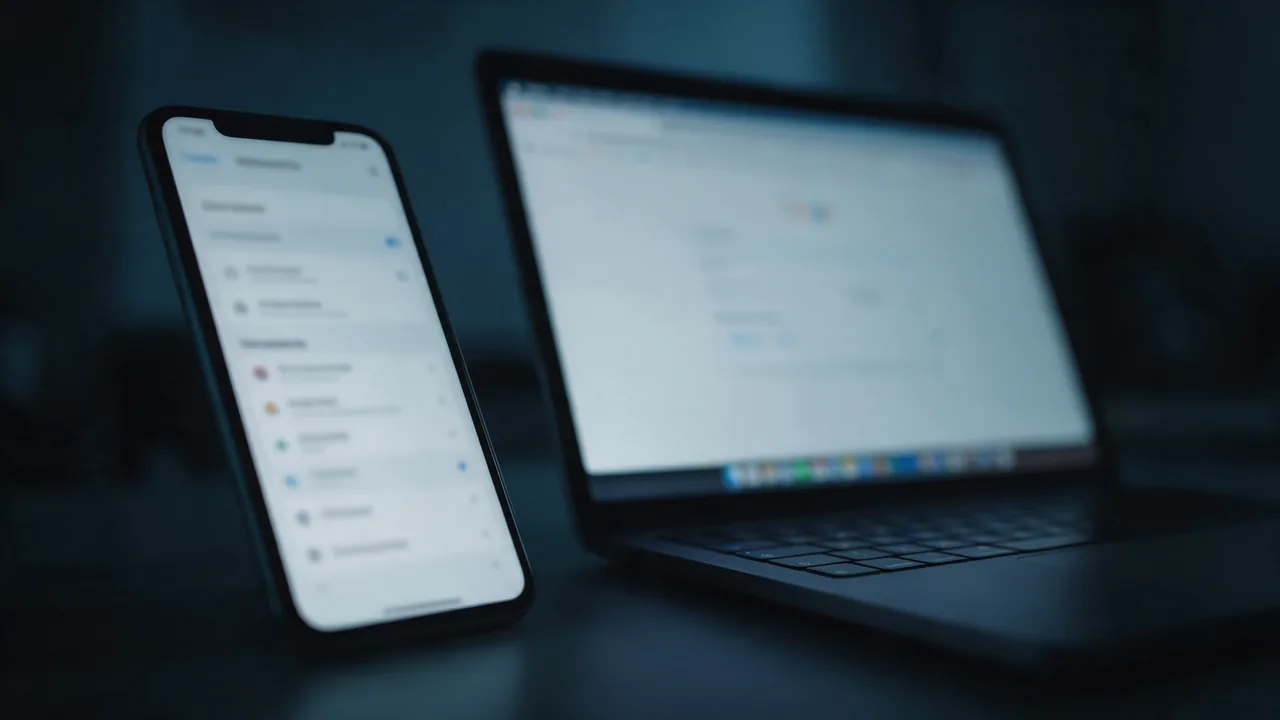 Smartphone showing a blurred saved passwords section in settings with a laptop and open browser behind it