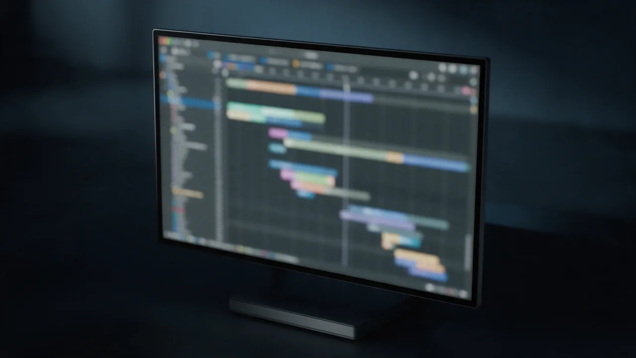 A monitor showing a blurred developer tools timing panel with rows of colored horizontal bars