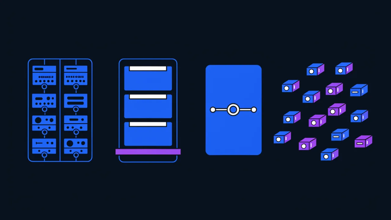 Diagram of four hosting types: a shared server with many accounts, a hypervisor with virtual machines, a whole physical server and a pool of cloud resources