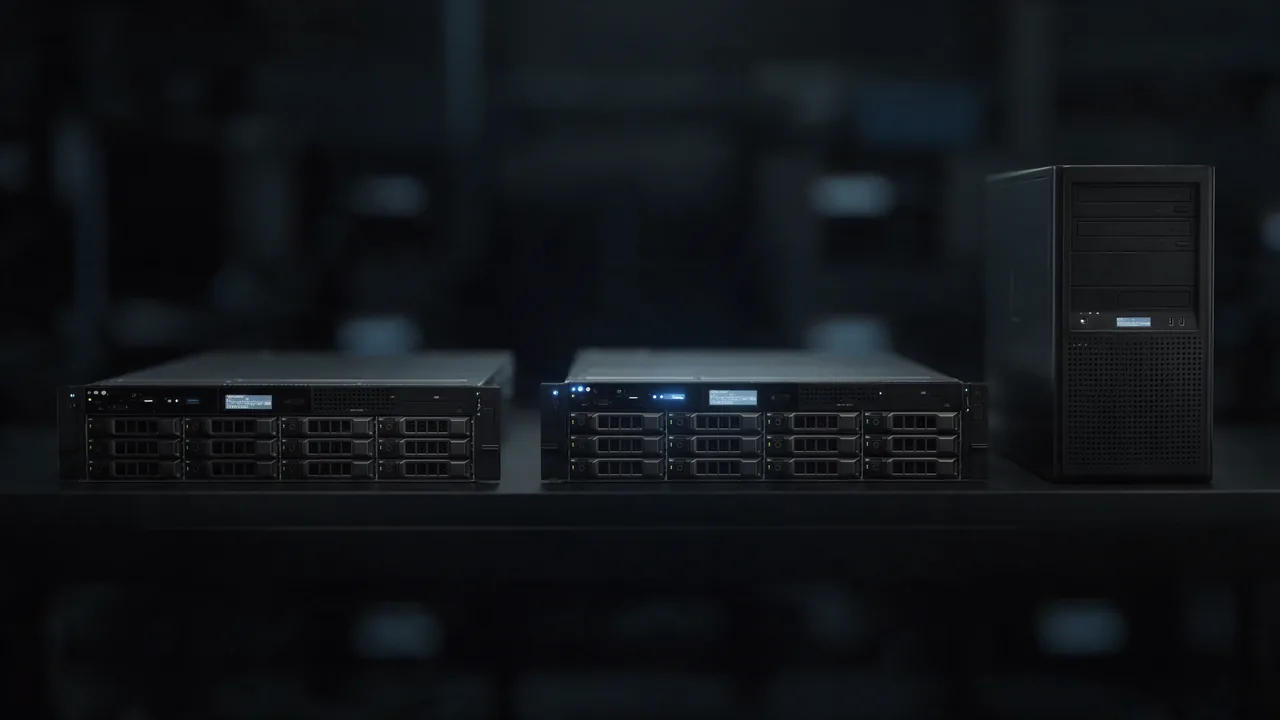 Two rack-mount servers and a standalone tower server standing side by side in a dark server room