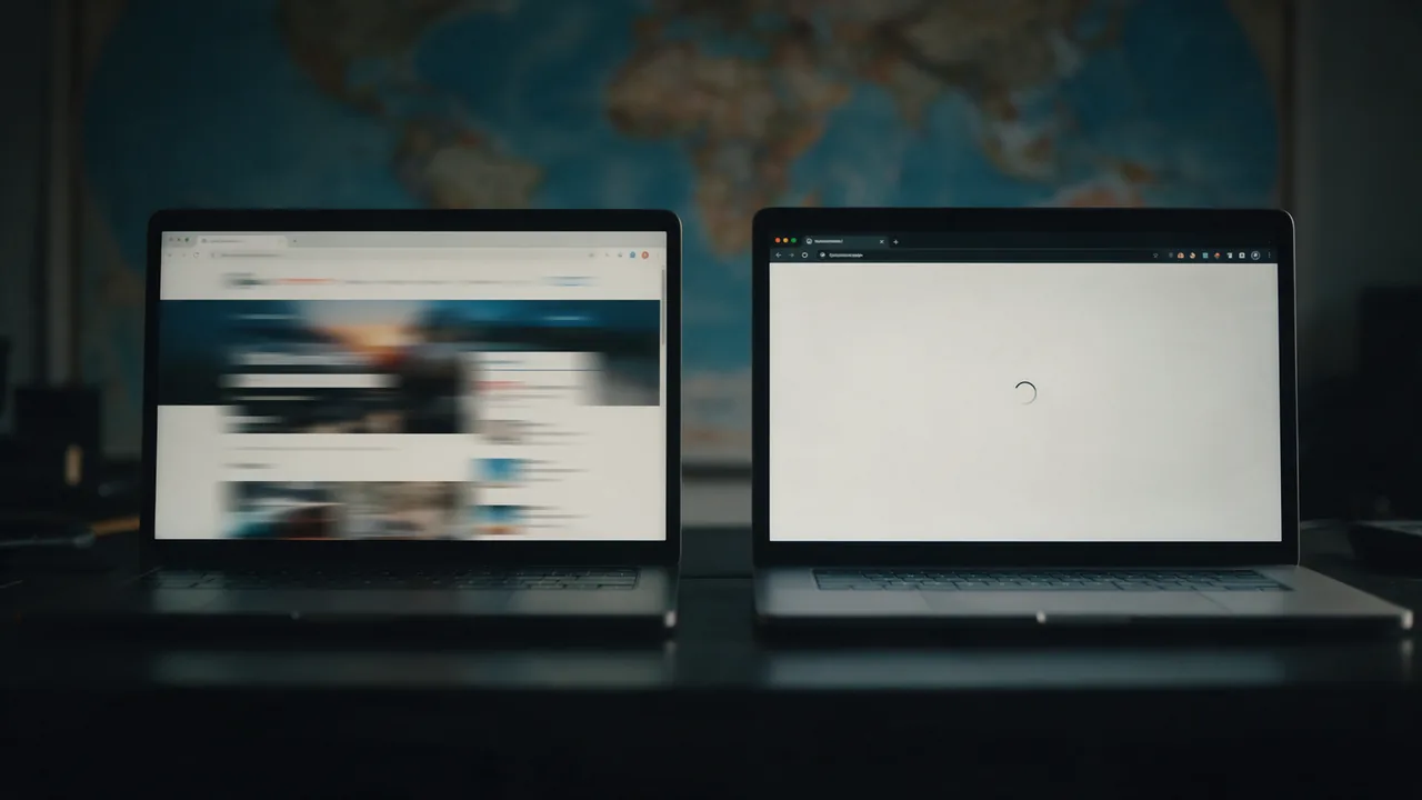 Two laptops side by side before a world map: one shows a loaded blurred website, the other a blank page with a spinner