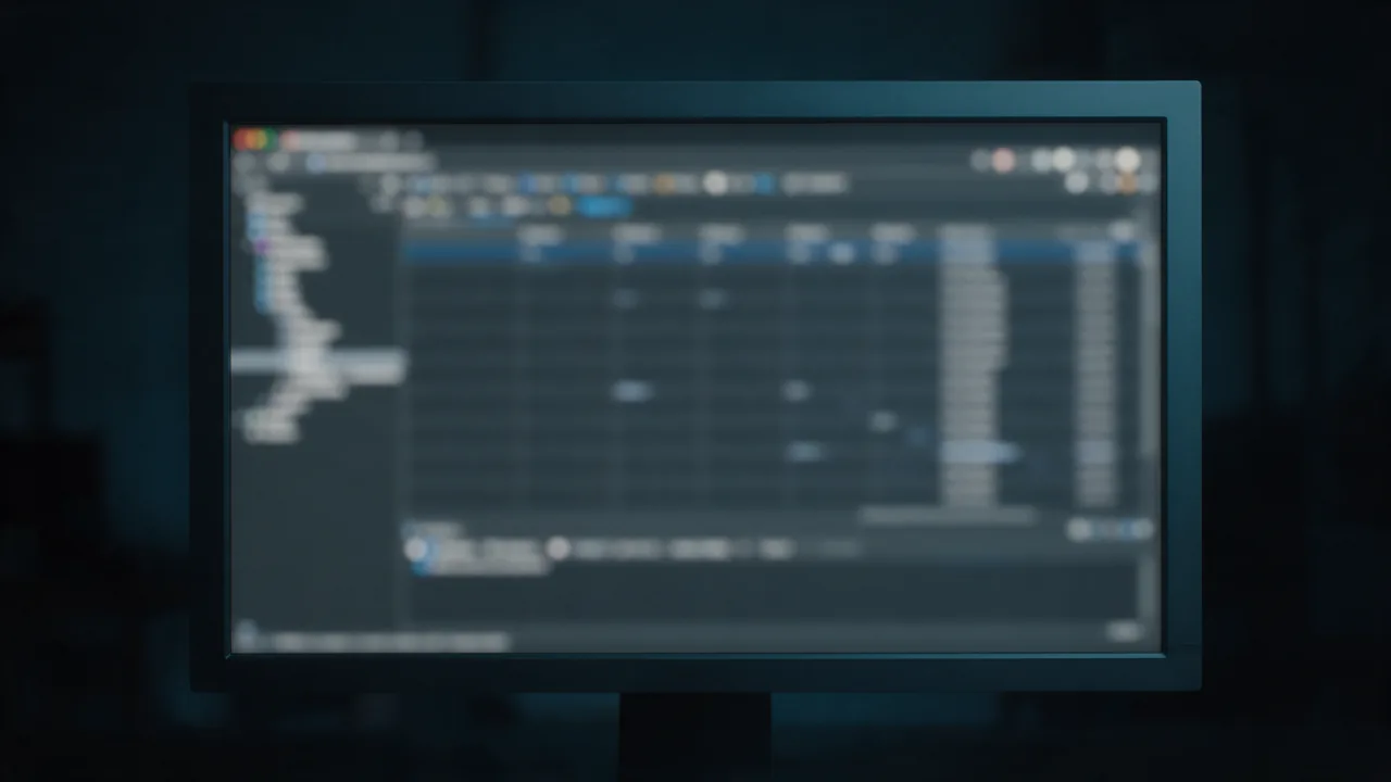 Monitor in a dark room showing blurred browser developer tools with a network panel table of requests