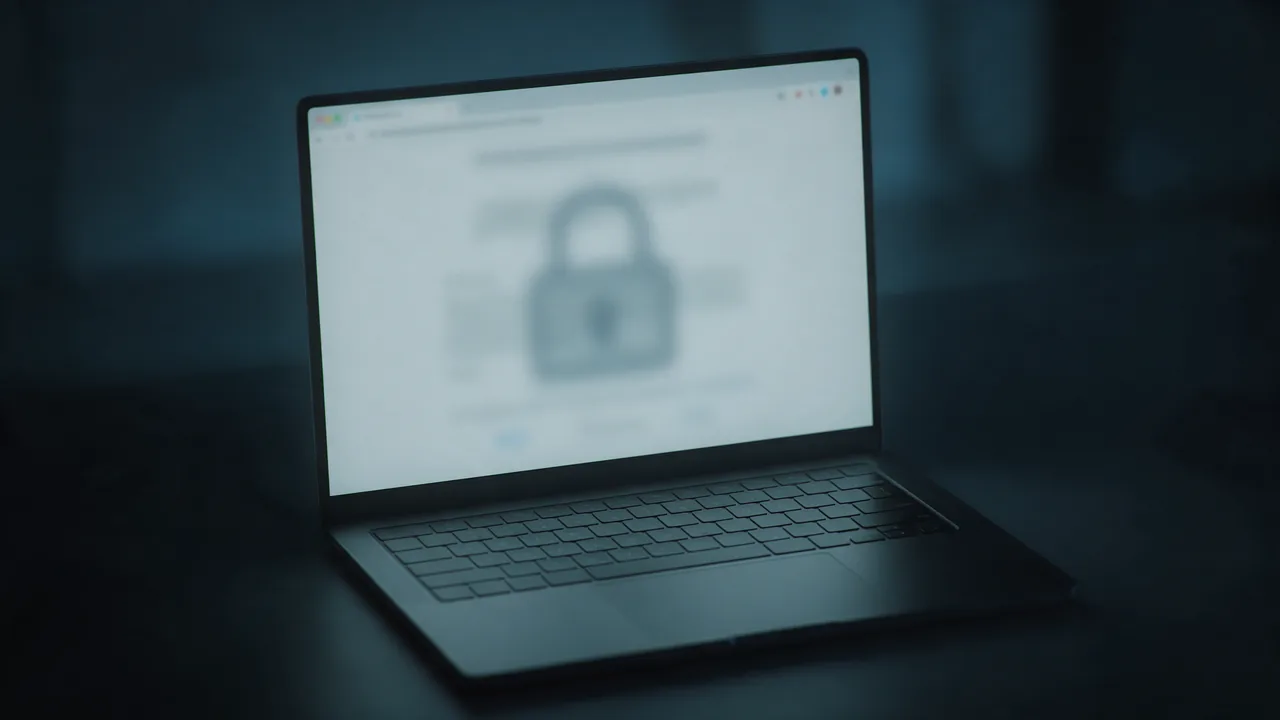 A laptop in a dark room showing a blurred browser warning page with a large padlock symbol
