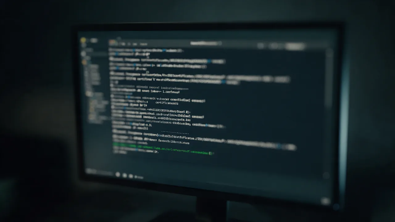 A monitor with a terminal showing blurred certificate issuance output and a green success line