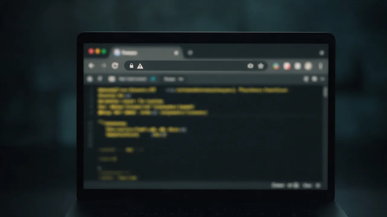 Laptop browser with a padlock and warning sign in the address bar above a blurred console of yellow lines