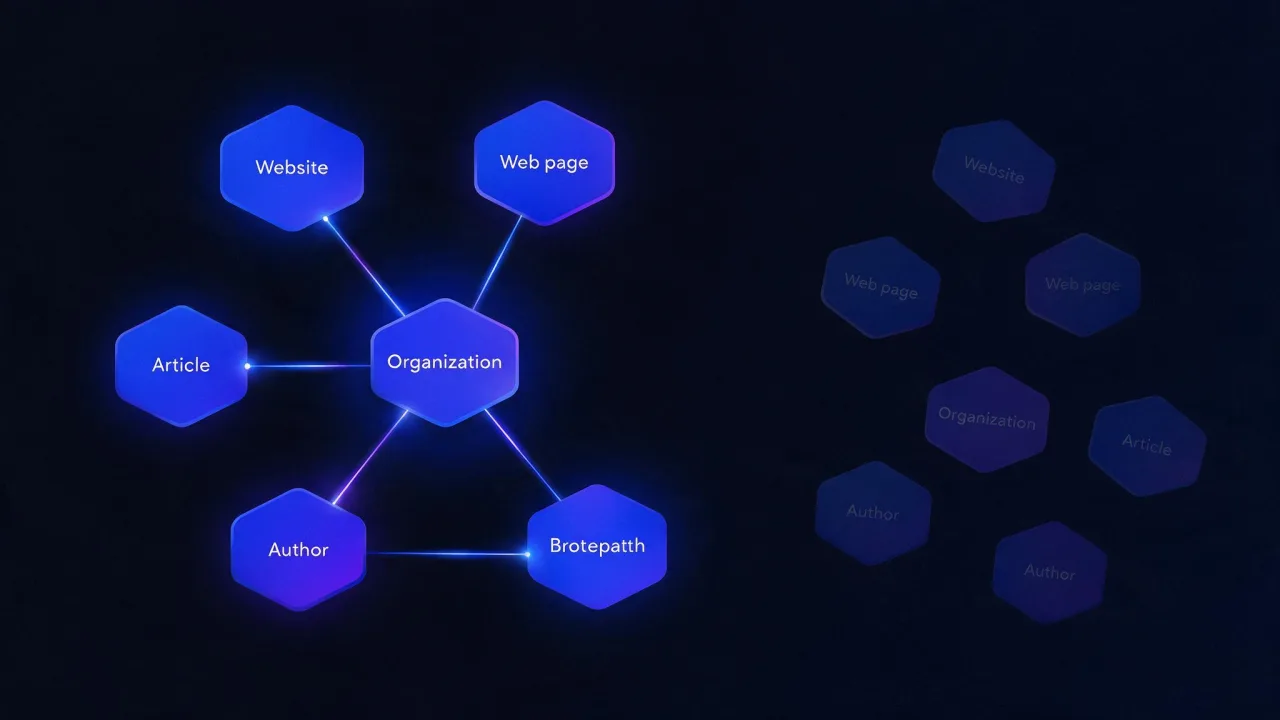 Entity graph: organization, website, page, article, author and breadcrumbs linked through @id