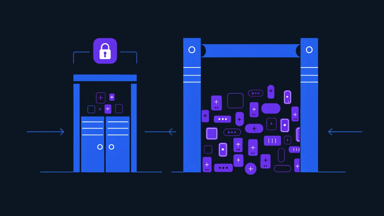 Diagram: an access rule with a narrow subnet admits only the office, while a wide one exposes the panel to a large address space