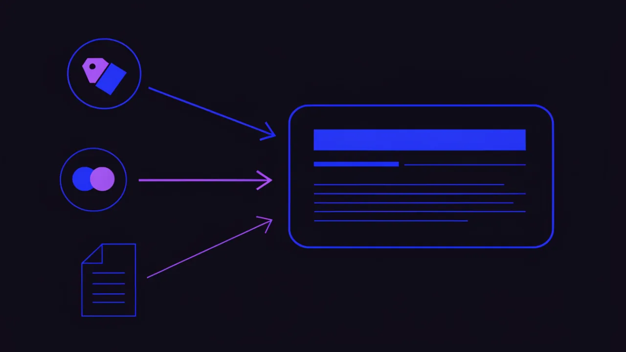 Diagram of a search result row with headline, URL and description, next to three sources — the title tag, the meta description and page text — that the engine assembles the snippet from