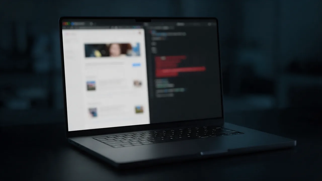 A laptop with a browser on the left half of the screen and a terminal with a blurred red error on the right