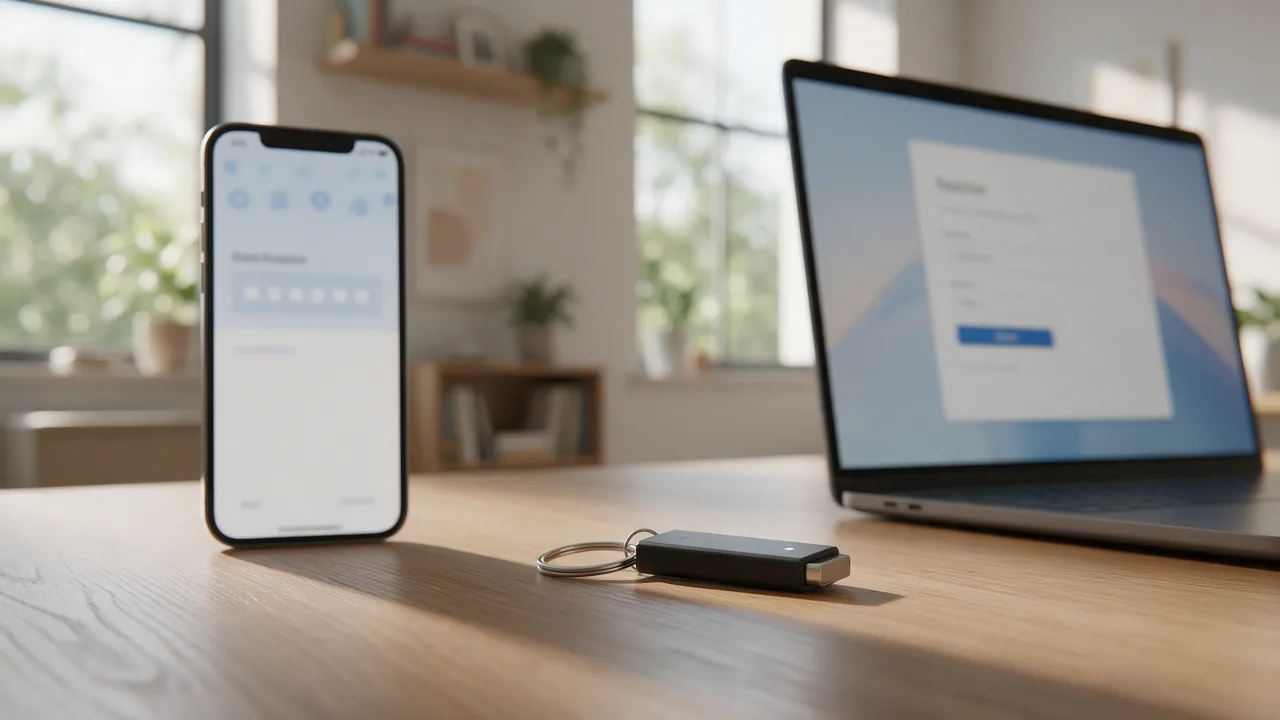 A phone with an authenticator app, a hardware security key and a login page