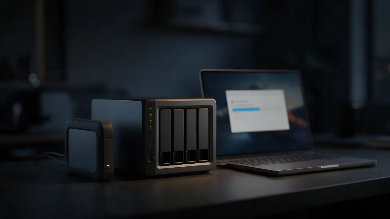 External drive and a four-bay NAS next to a laptop showing a blurred backup progress window