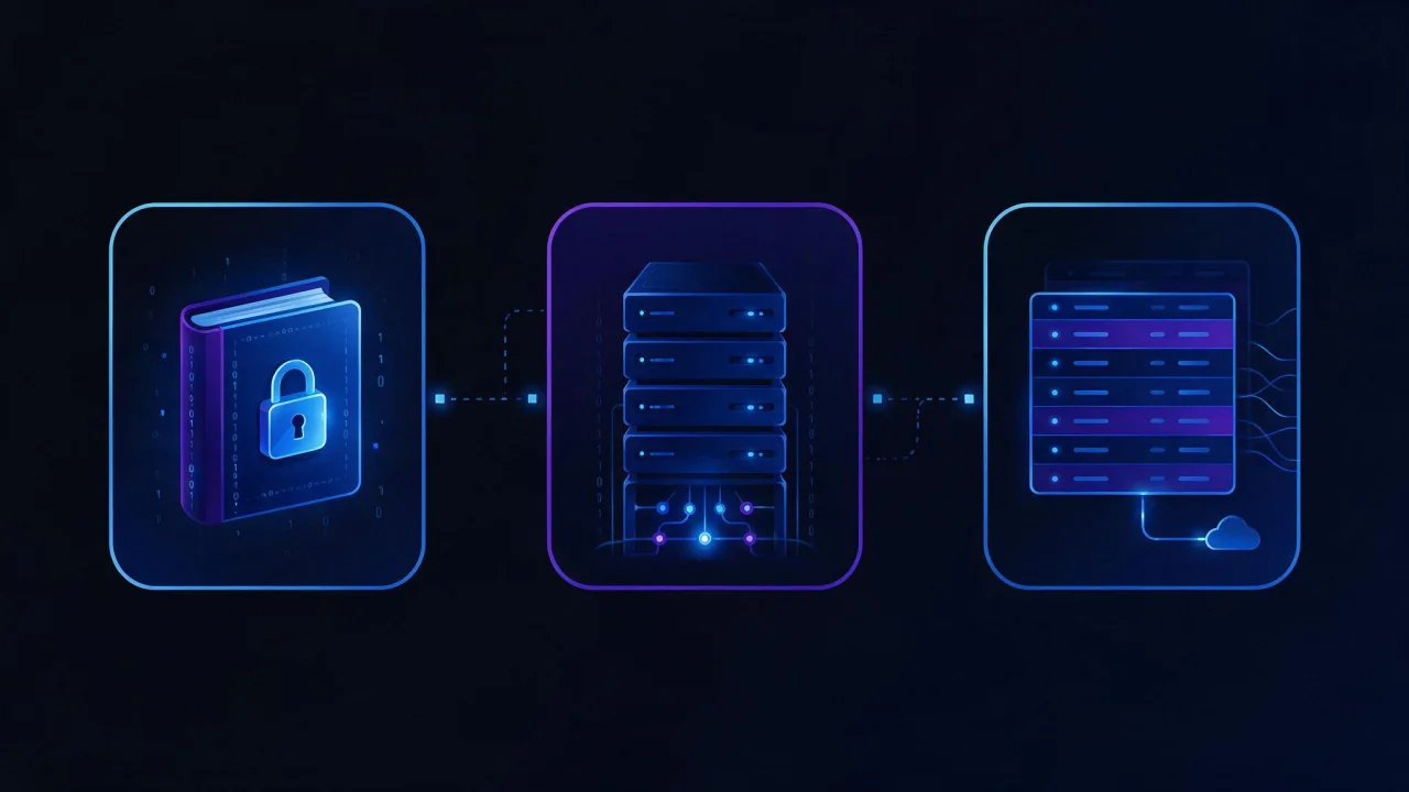 Separation of responsibilities: domain registry, DNS hosting and website hosting shown as three independent blocks