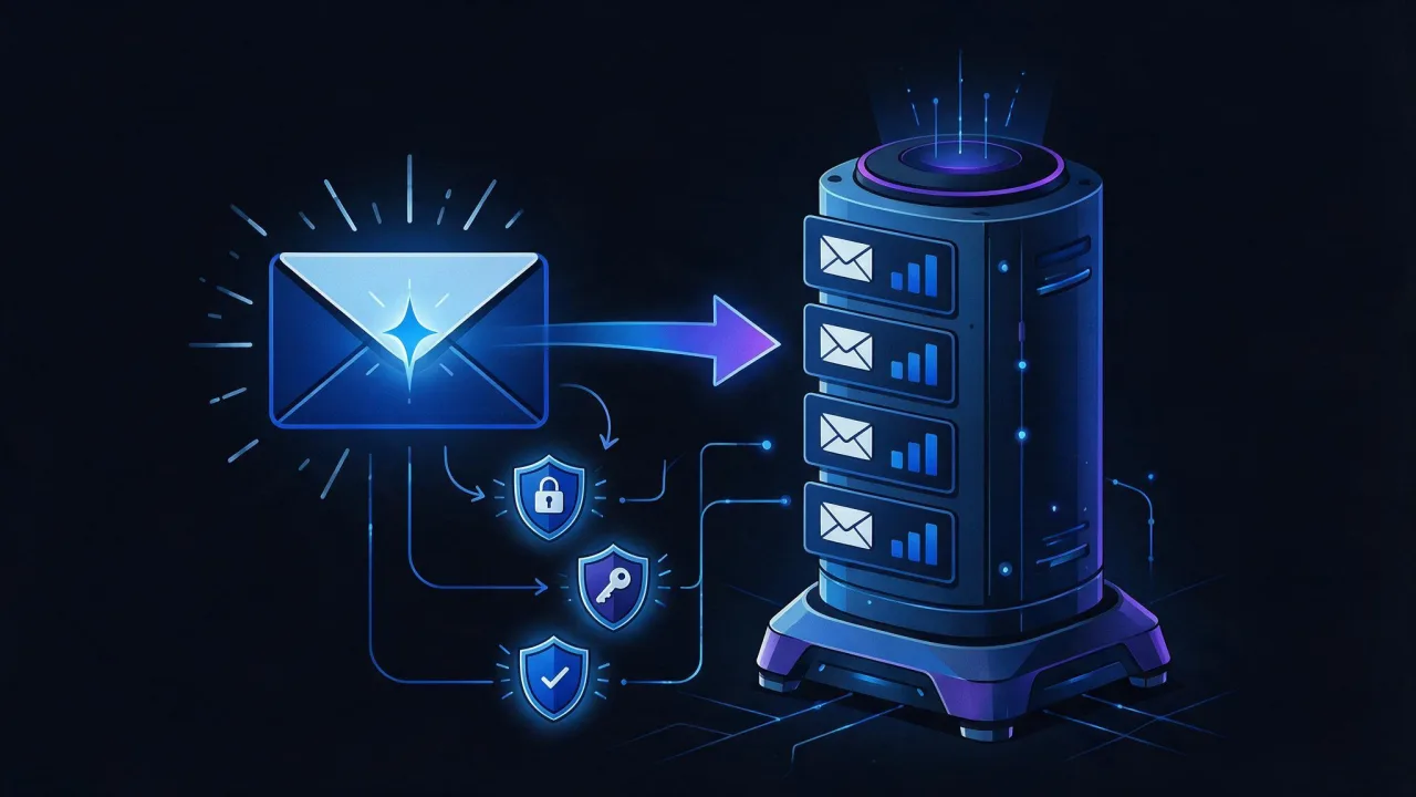 Mail domain diagram: an envelope, an MX record pointing to a mail server, and three sender authentication records