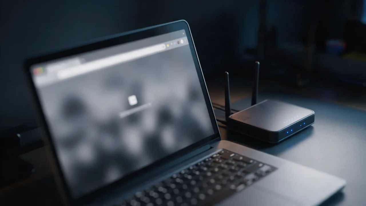 A laptop with a blurred browser loading a website and a home router with blue lights on the desk