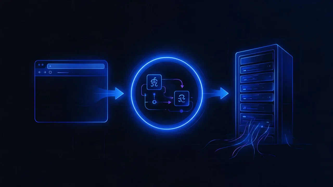 Diagram: a browser sends a domain name into DNS and receives the server IP address back