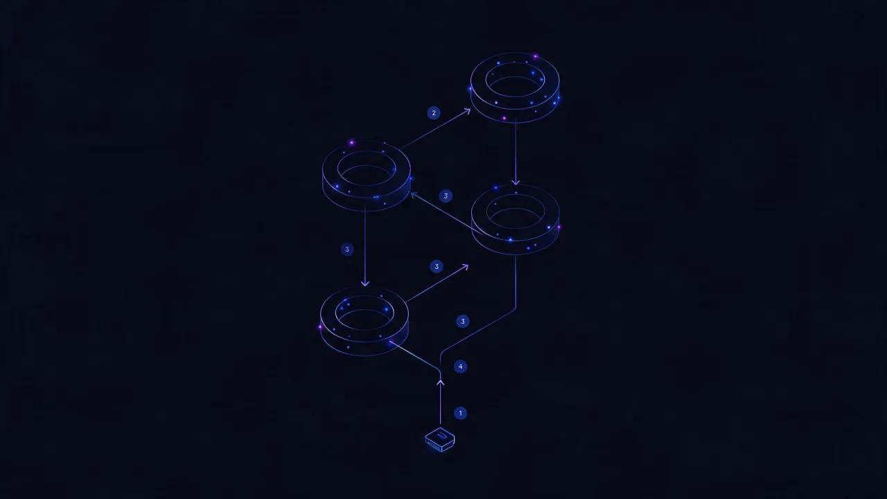 Diagram of a DNS query path through browser, stub resolver, recursive resolver, root, TLD and authoritative servers