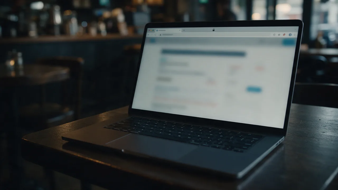 A laptop on a coffee shop table with a padlock icon above the blurred browser address bar