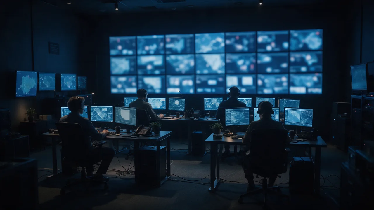 A security operations room with a wall of screens and analysts