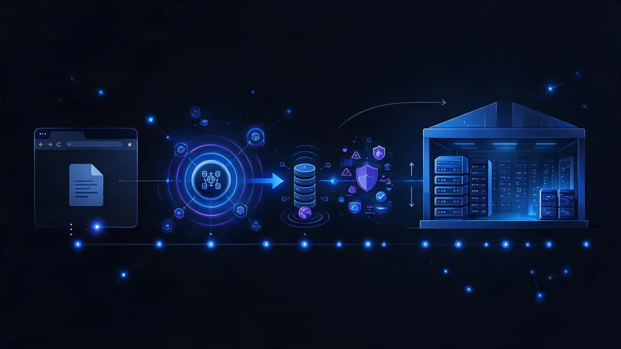 Diagram of one request: the browser asks DNS for an address, receives an IP and reaches a server in a data centre that returns the page