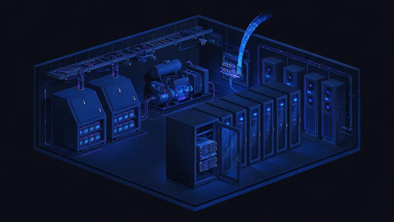 Cutaway of a data centre: building with backup power and cooling, rows of racks, a server in a rack, drives and the uplink to the outside