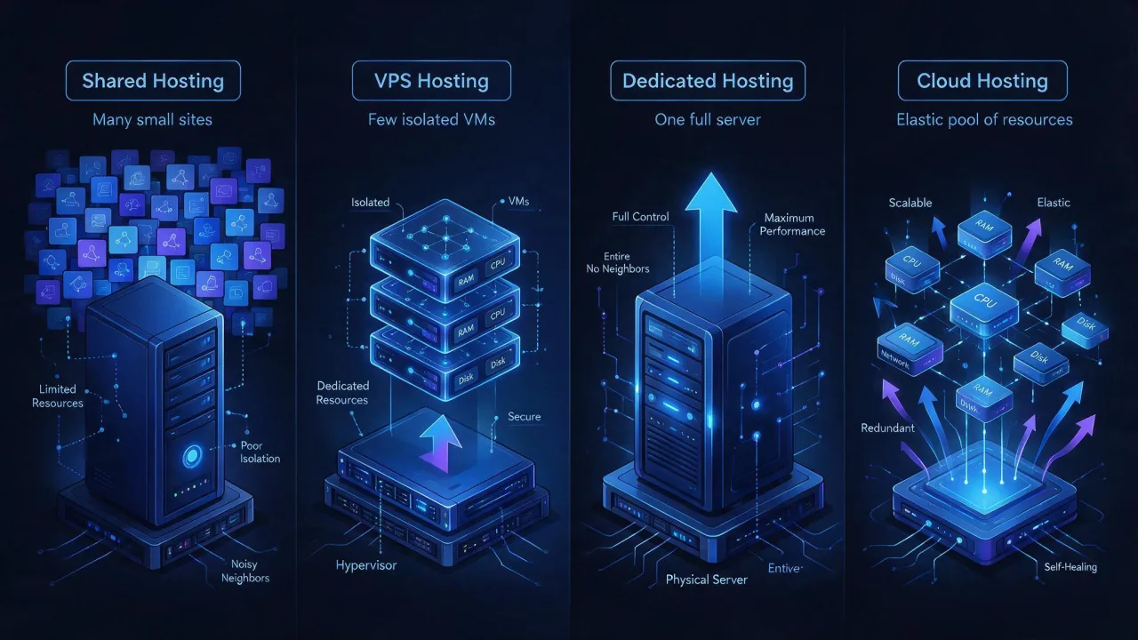 Four hosting layouts side by side: many sites on one shared server, virtual machines on a hypervisor, a single dedicated server, and a pooled cloud of resources