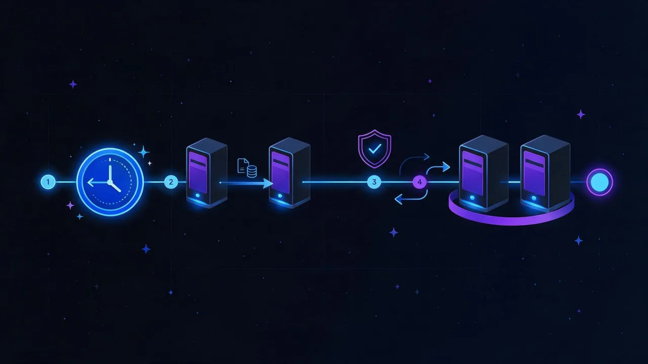 Migration timeline: lowering TTL, copying files and database, testing on the new server, repointing the record, and a period where both servers run