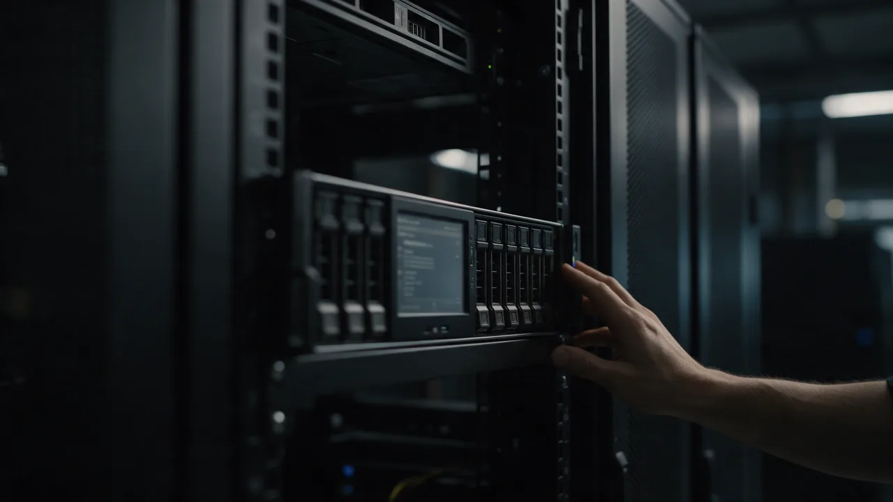 A technician hand touches a server in a data center rack, a small display glowing on the server front panel