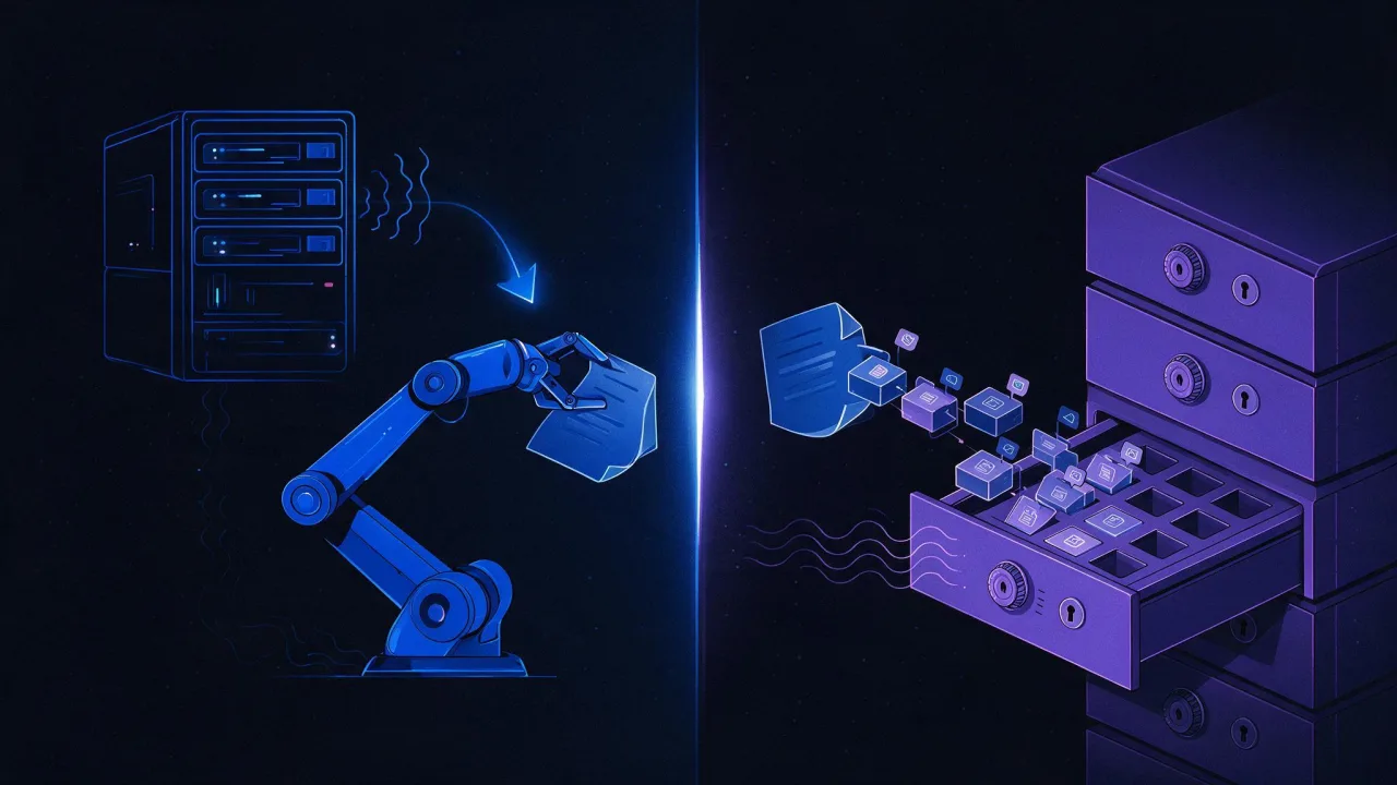Comparison of two stages: on the left a robot downloads a document, on the right the system parses it and writes a record into a database