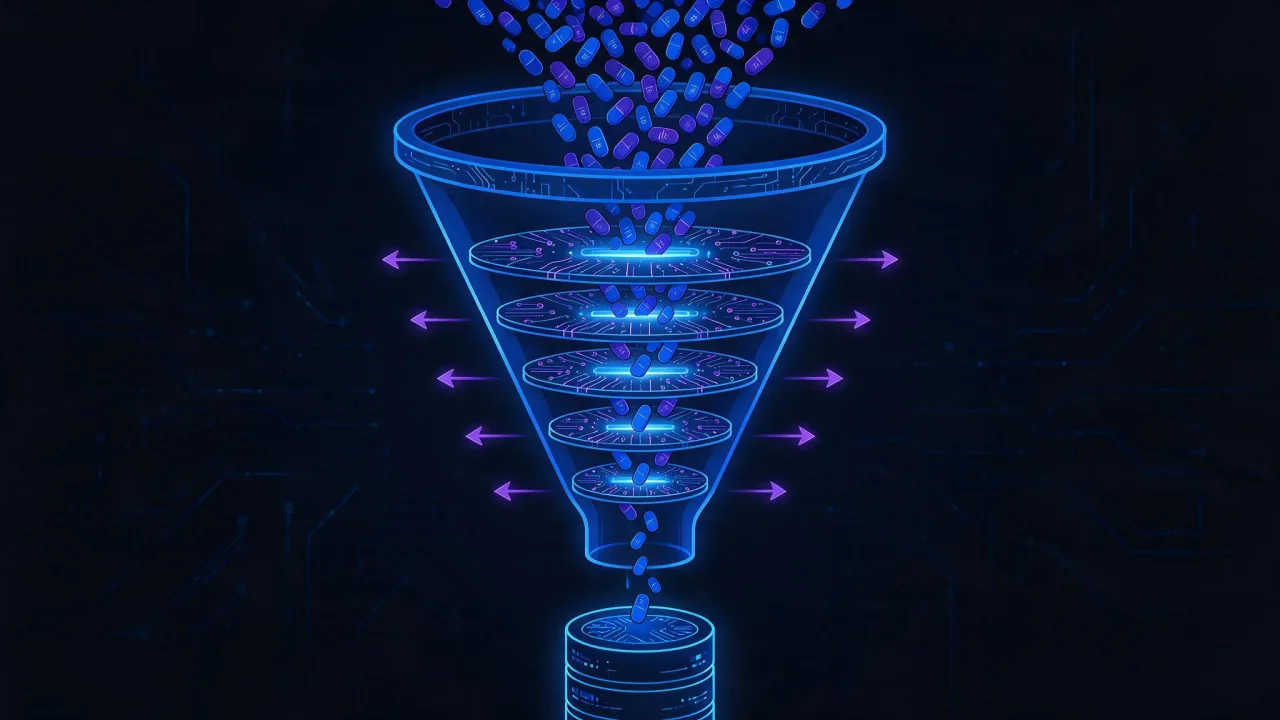 Funnel diagram: a stream of addresses narrowed by robots.txt, noindex, canonical, status codes and duplicate filters, with only part reaching the index