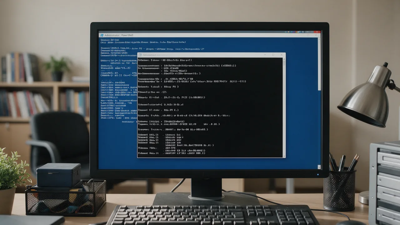 Монитор с окнами PowerShell и командной строки с выводом сетевых команд