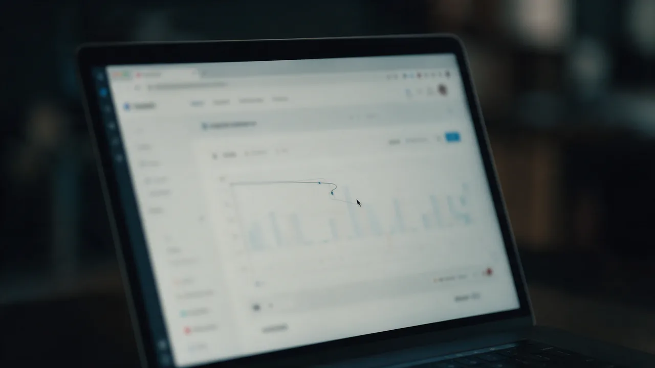 A laptop showing a blurred web analytics page with a mouse cursor path drawn across it