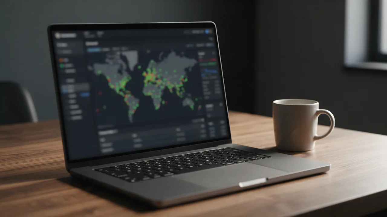 Laptop on a wooden desk showing a world map dotted with green and red checks