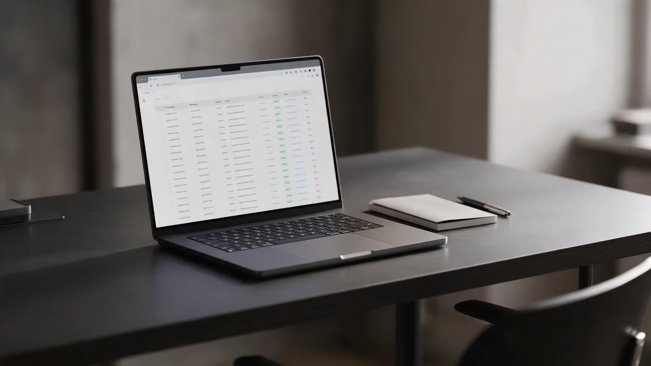Laptop on a dark desk showing a blurred table of certificate records, notebook and pen nearby