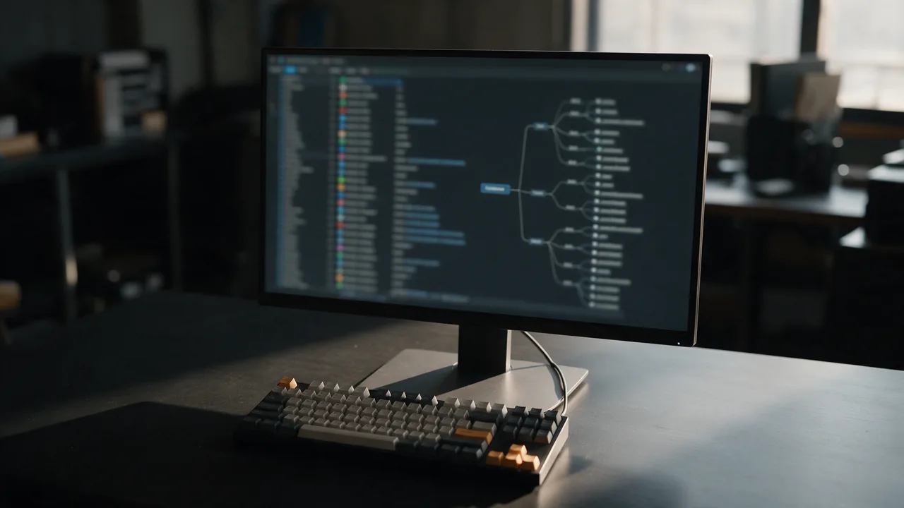 Monitor on a dark desk showing a blurred subdomain tree and record list, keyboard in front