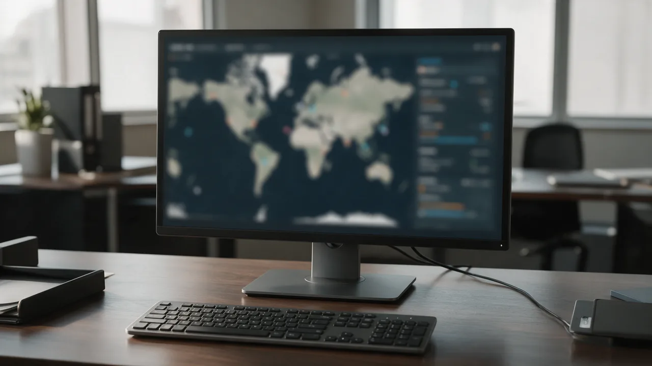 Office monitor showing a blurred world map with location markers and a side data panel