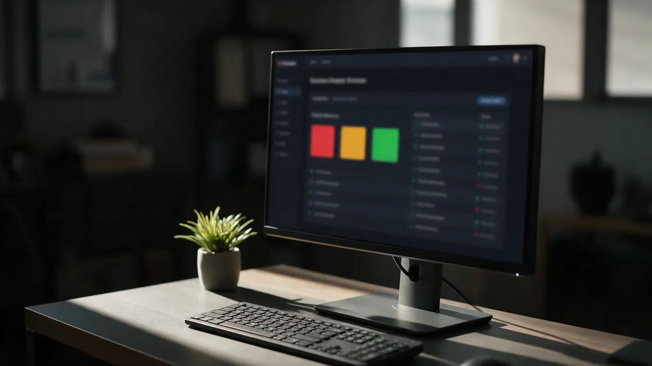 Monitor with a blurred website security report showing red, amber and green blocks