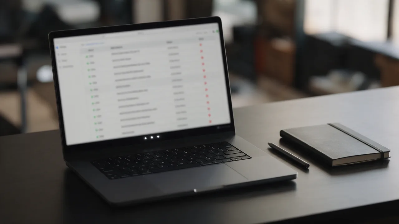 Laptop showing a blurred table of DNS and mail server records with status dots, notebook nearby