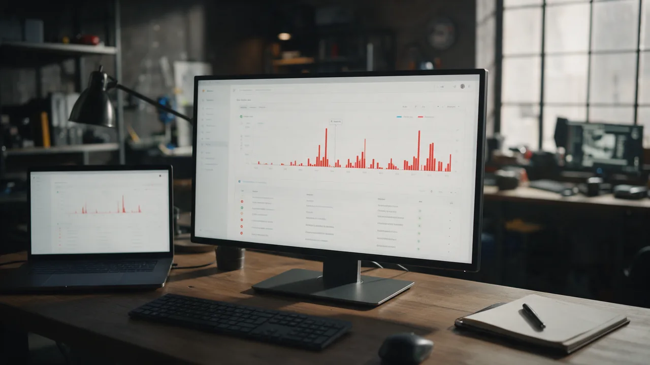 Monitor with a blurred error tracking dashboard showing red spikes on a chart, laptop nearby