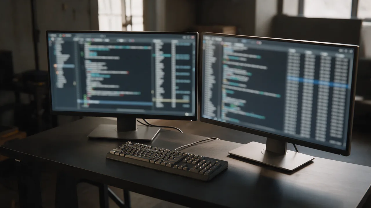 Analyst workstation with two monitors showing blurred network scan result lists and a keyboard
