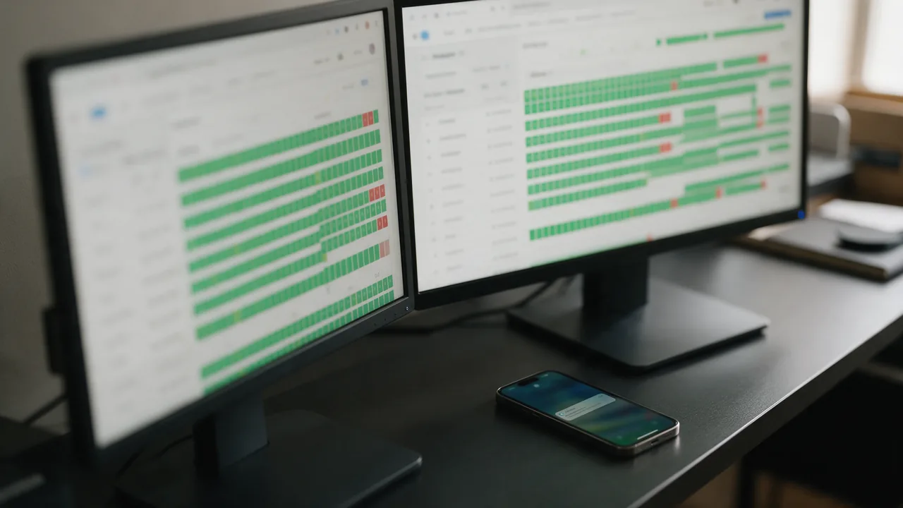 Two monitors with blurred uptime charts of green and red bars, smartphone with an alert beside