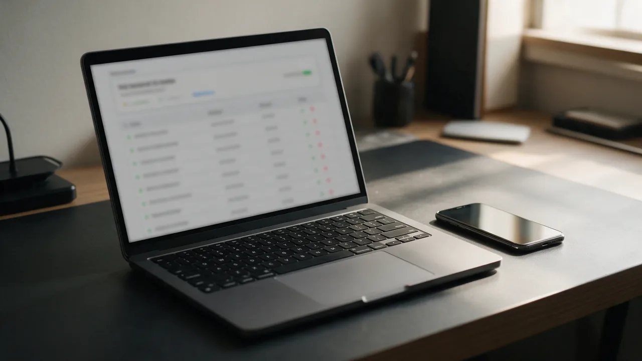 Laptop showing a blurred link scan report with green and red marks, smartphone beside it