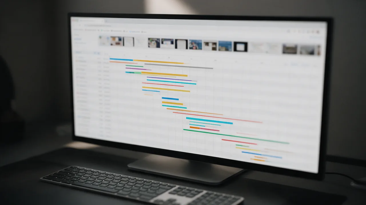 Monitor with a page-load waterfall chart of colored request bars and a row of frame thumbnails