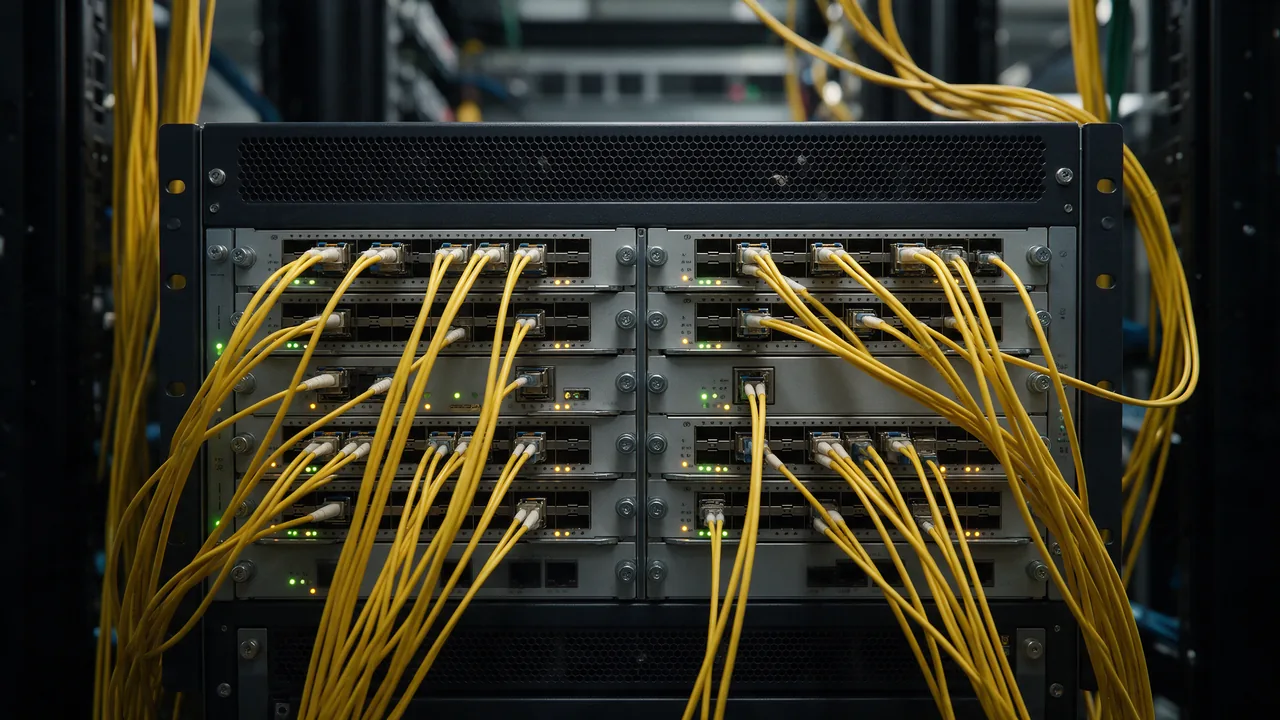 Core router chassis in a data center with many yellow fiber patch cords