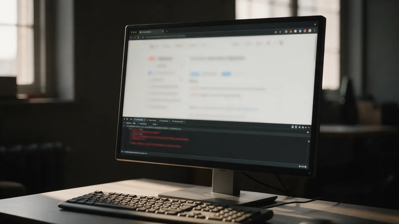 Monitor with a browser and open developer console showing blurred red error lines