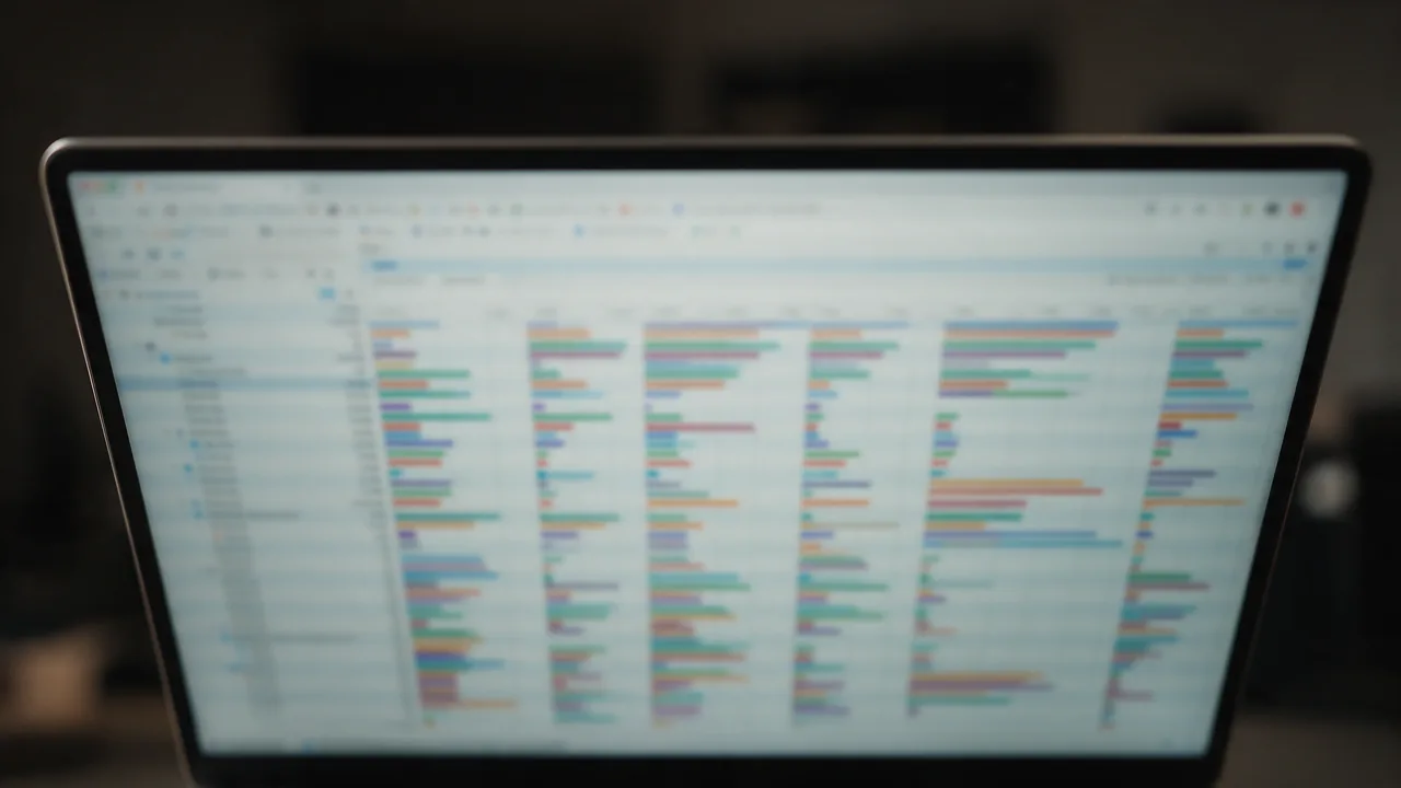 Laptop screen with blurred developer tools network chart showing many parallel colored request bars