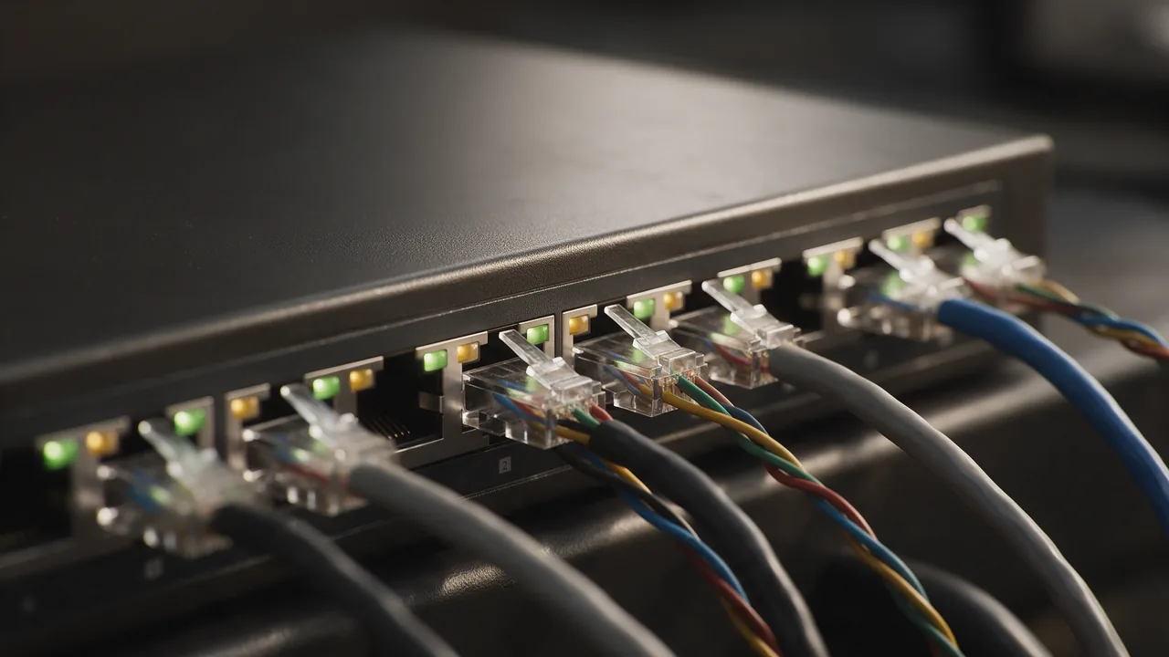 Ethernet patch cables plugged into network switch ports with green and amber link lights