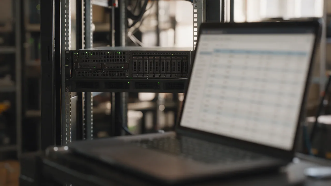 Rack-mounted mail server with green LEDs, laptop with a blurred table in the foreground