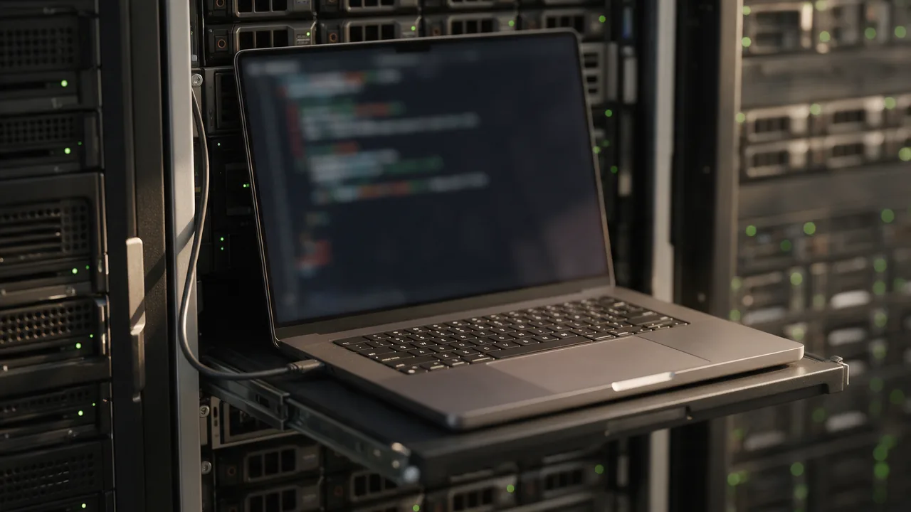 Laptop on a pull-out server rack shelf, cabled to a server, showing a blurred terminal