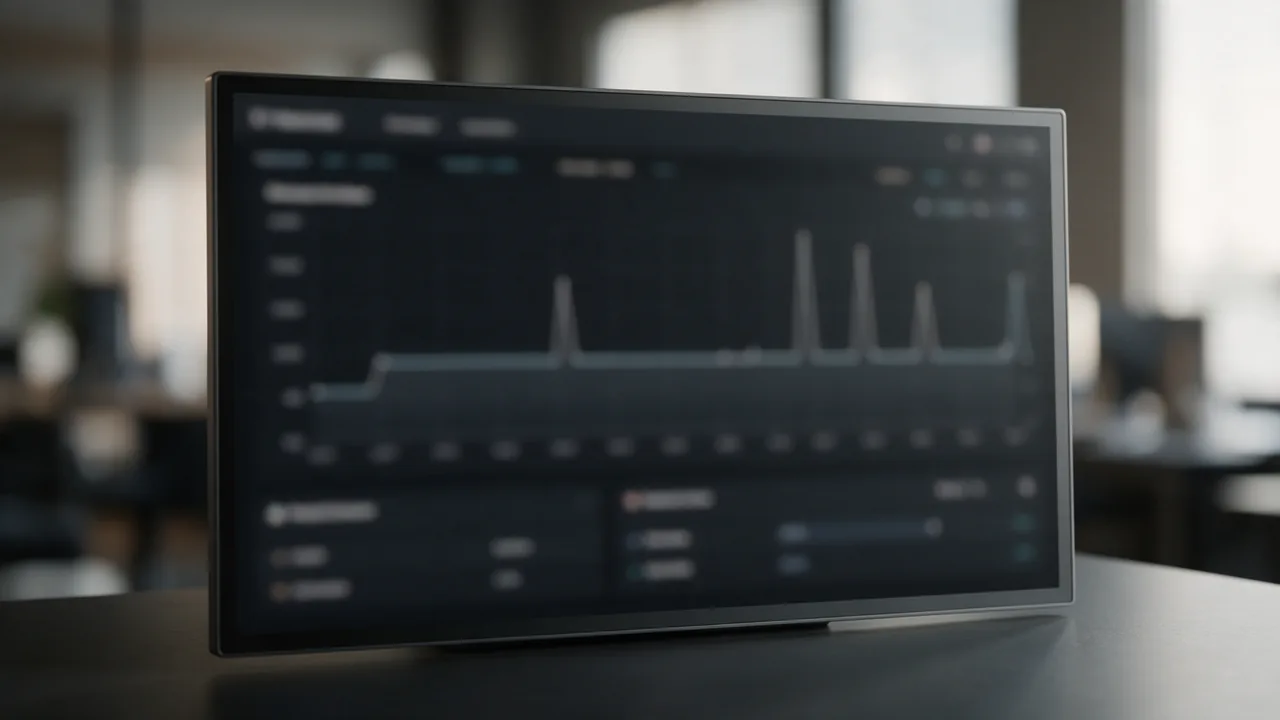 Monitor showing a blurred response-time chart with a flat baseline and several sharp spikes